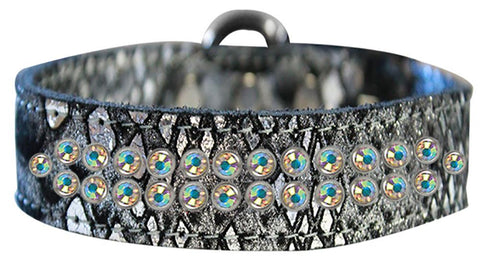 Two Row Ab Crystal Jeweled Dragon Skin Genuine Leather Dog Collar Silver Size 16