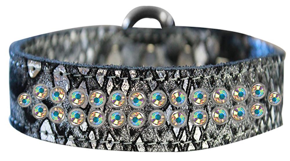 Two Row Ab Crystal Jeweled Dragon Skin Genuine Leather Dog Collar Silver Size 18