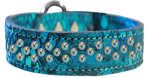 Sprinkle Ab Crystal Jeweled Dragon Skin Genuine Leather Dog Collar Blue Size 16