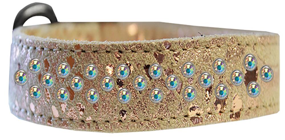 Sprinkle Ab Crystal Jeweled Dragon Skin Genuine Leather Dog Collar Golden Size 16