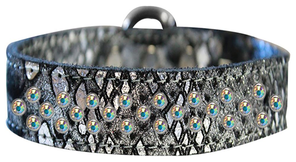 Sprinkle Ab Crystal Jeweled Dragon Skin Genuine Leather Dog Collar Silver Size 16