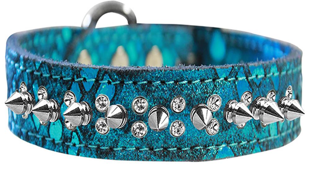 Double Clear Crystal And Silver Spike Dragon Skin Genuine Leather Dog Collar Blue Size 16