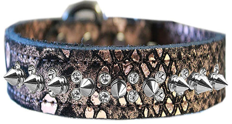 Double Clear Crystal And Silver Spike Dragon Skin Genuine Leather Dog Collar Copper Size 16