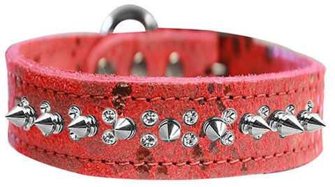 Double Clear Crystal And Silver Spike Dragon Skin Genuine Leather Dog Collar Red Size 16