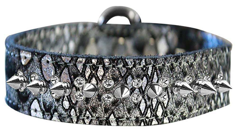 Double Clear Crystal And Silver Spike Dragon Skin Genuine Leather Dog Collar Silver Size 20