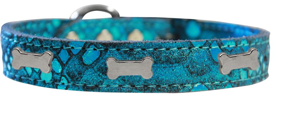 Silver Bone Widget Dragon Skin Genuine Leather Dog Collar Blue Size 10