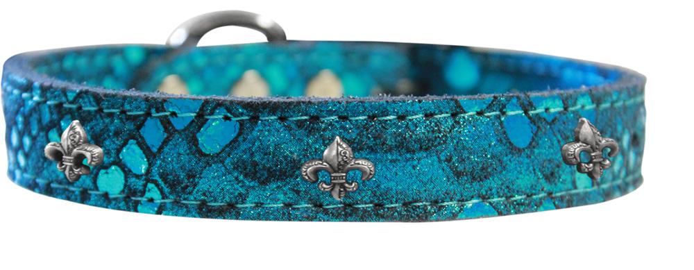 Silver Fleur De Lis Widget Dragon Skin Genuine Leather Dog Collar Blue Size 10