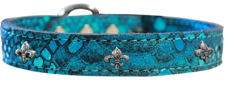 Silver Fleur De Lis Widget Dragon Skin Genuine Leather Dog Collar Blue Size 10