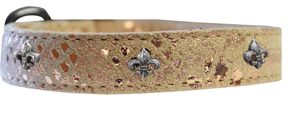 Silver Fleur De Lis Widget Dragon Skin Genuine Leather Dog Collar Golden Size 10