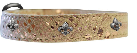 Silver Fleur De Lis Widget Dragon Skin Genuine Leather Dog Collar Golden Size 10