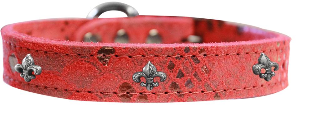 Silver Fleur De Lis Widget Dragon Skin Genuine Leather Dog Collar Red Size 10