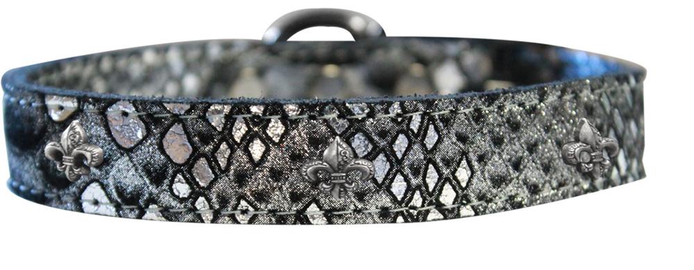 Silver Fleur De Lis Widget Dragon Skin Genuine Leather Dog Collar Silver Size 14