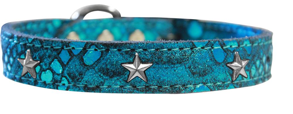 Silver Star Widget Dragon Skin Genuine Leather Dog Collar Blue Size 10