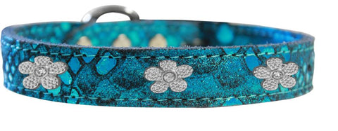 Silver Flower Widget Dragon Skin Genuine Leather Dog Collar Blue Size 10