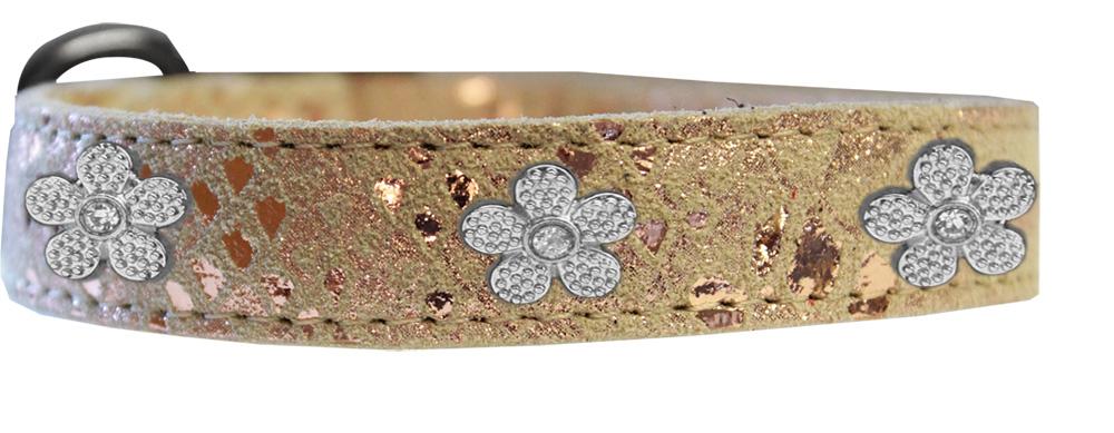 Silver Flower Widget Dragon Skin Genuine Leather Dog Collar Golden Size 10