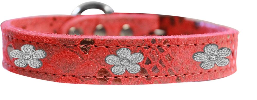 Silver Flower Widget Dragon Skin Genuine Leather Dog Collar Red Size 10