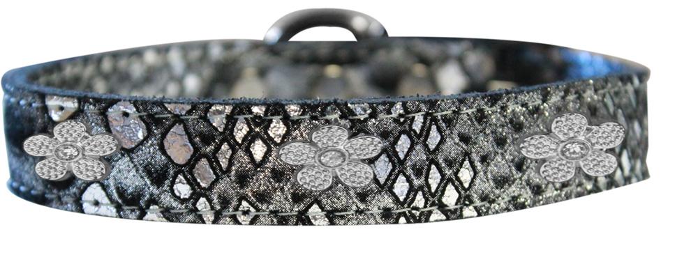 Silver Flower Widget Dragon Skin Genuine Leather Dog Collar Silver Size 10