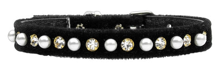 Velvet 3-8" Pearl And Clear Crystals Collar Black 10